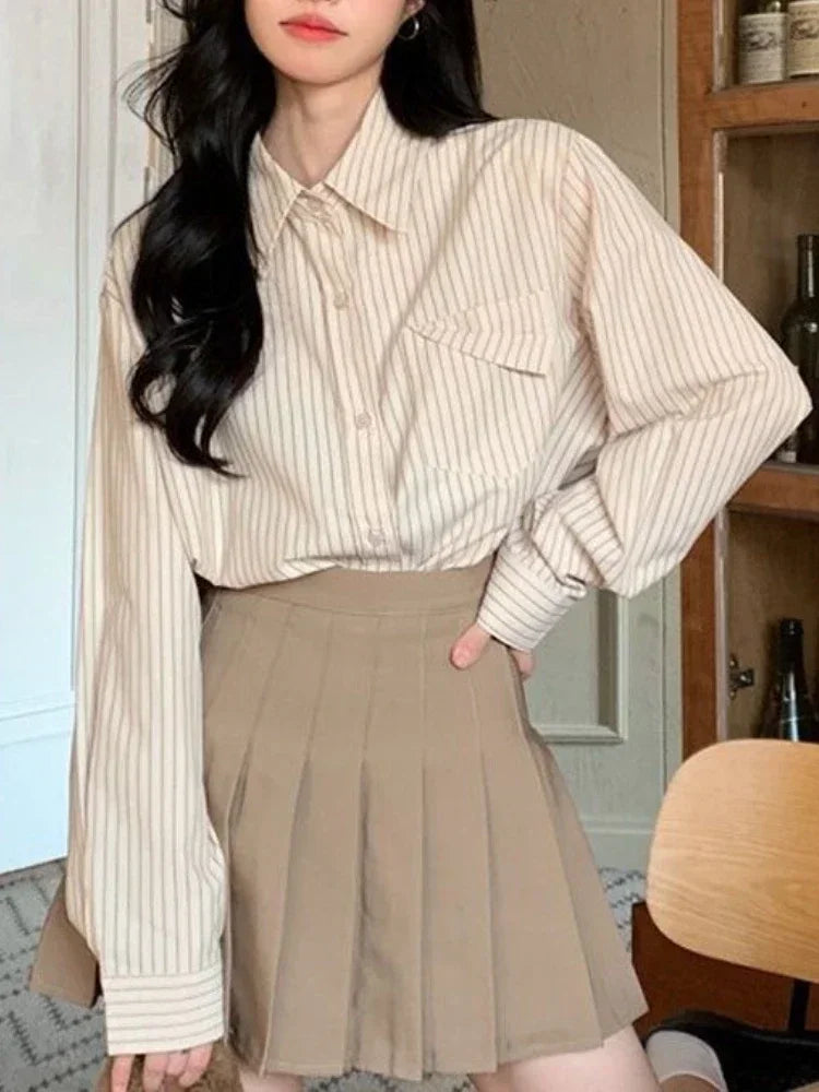 Loose Blue Striped Long Sleeve Blouse with Pocket Casual Versatile Shirt for Women