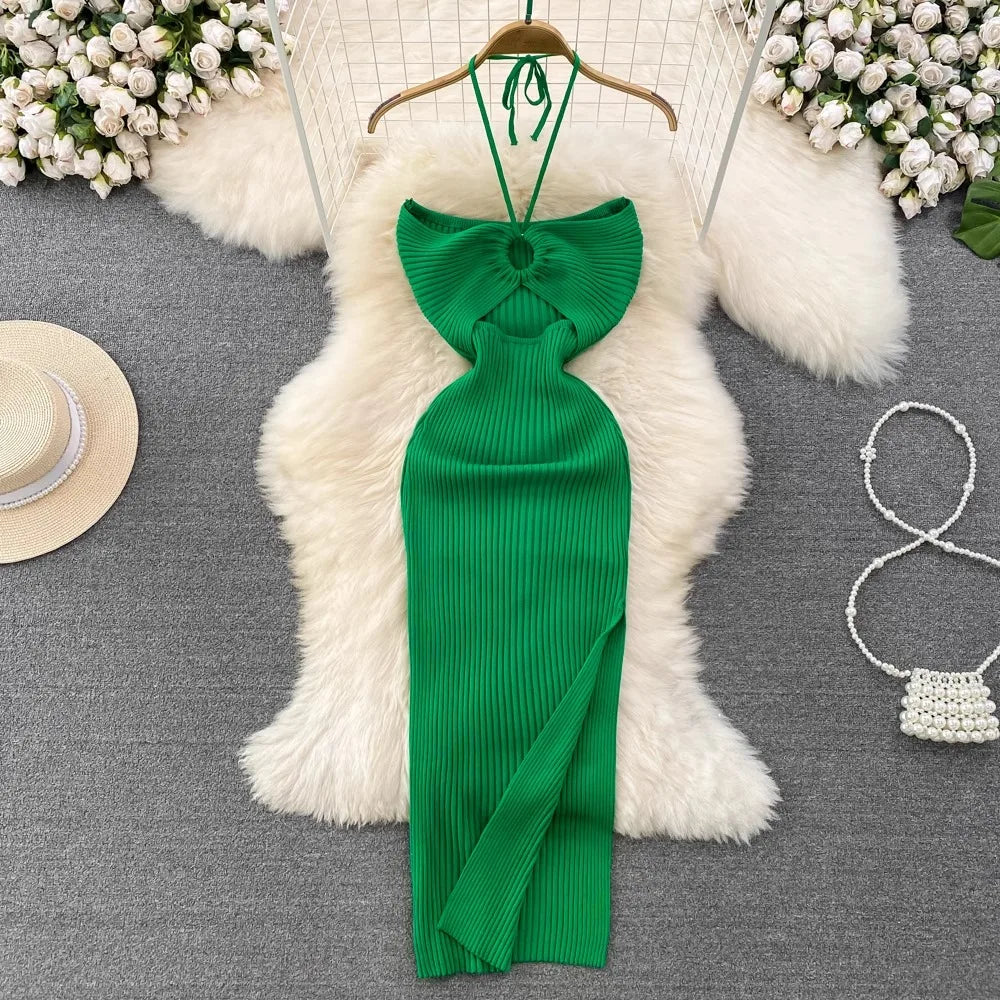 Y2K Knitted Halter Bodycon Dress For Party Streetwear