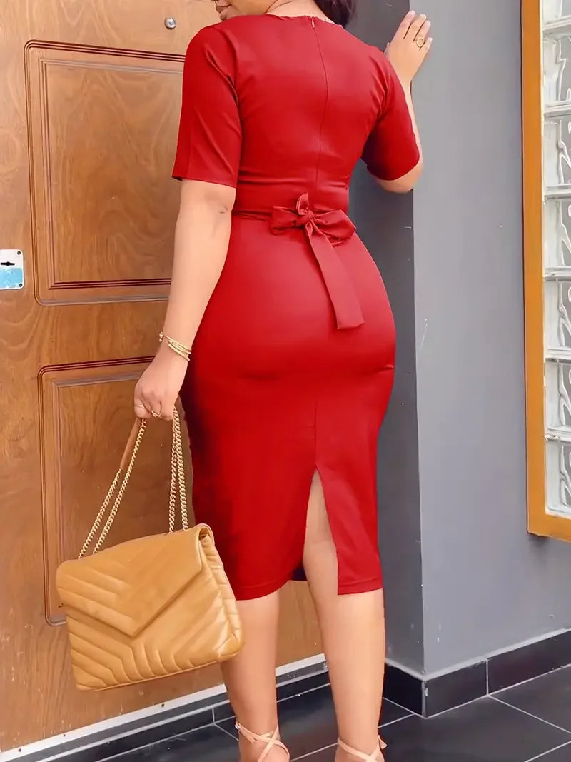 African Print Office Dress For Women High Waist Long Sleeve