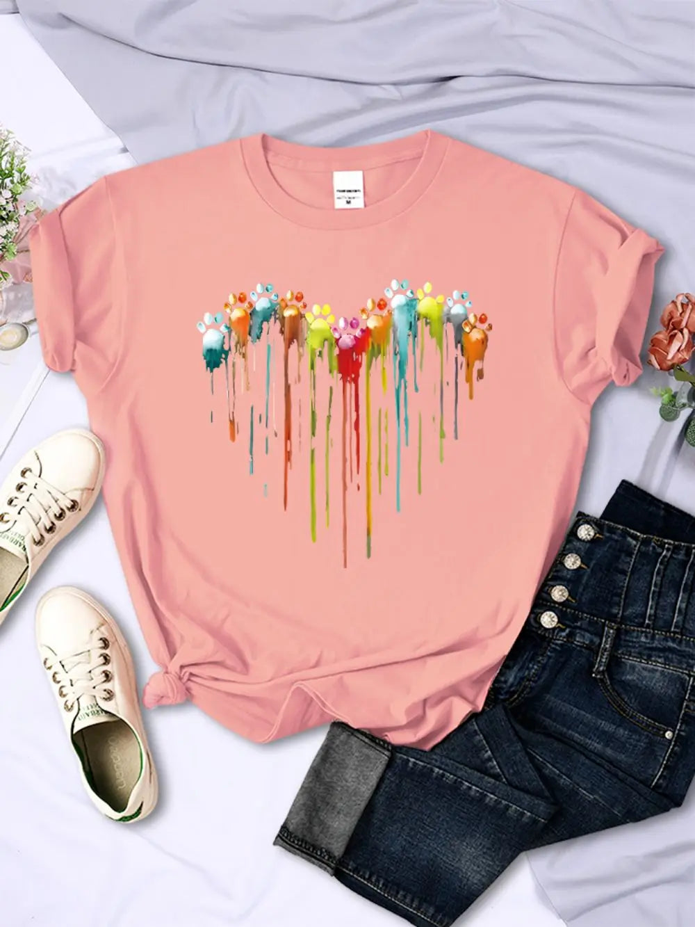 Multicolored Cat Paw Print T-Shirt for Women Comfortable O-Neck Short Sleeve Summer Casual Top