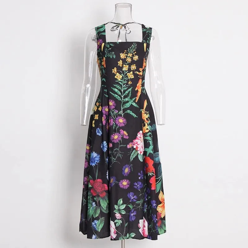 Womens Floral Print Backless Dress With Square Collar