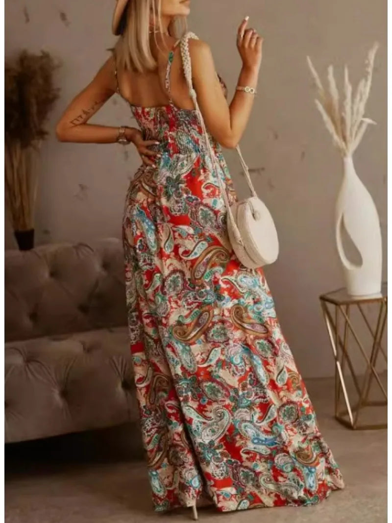 Bohemian Floral Chiffon Summer Dress With V Neckline