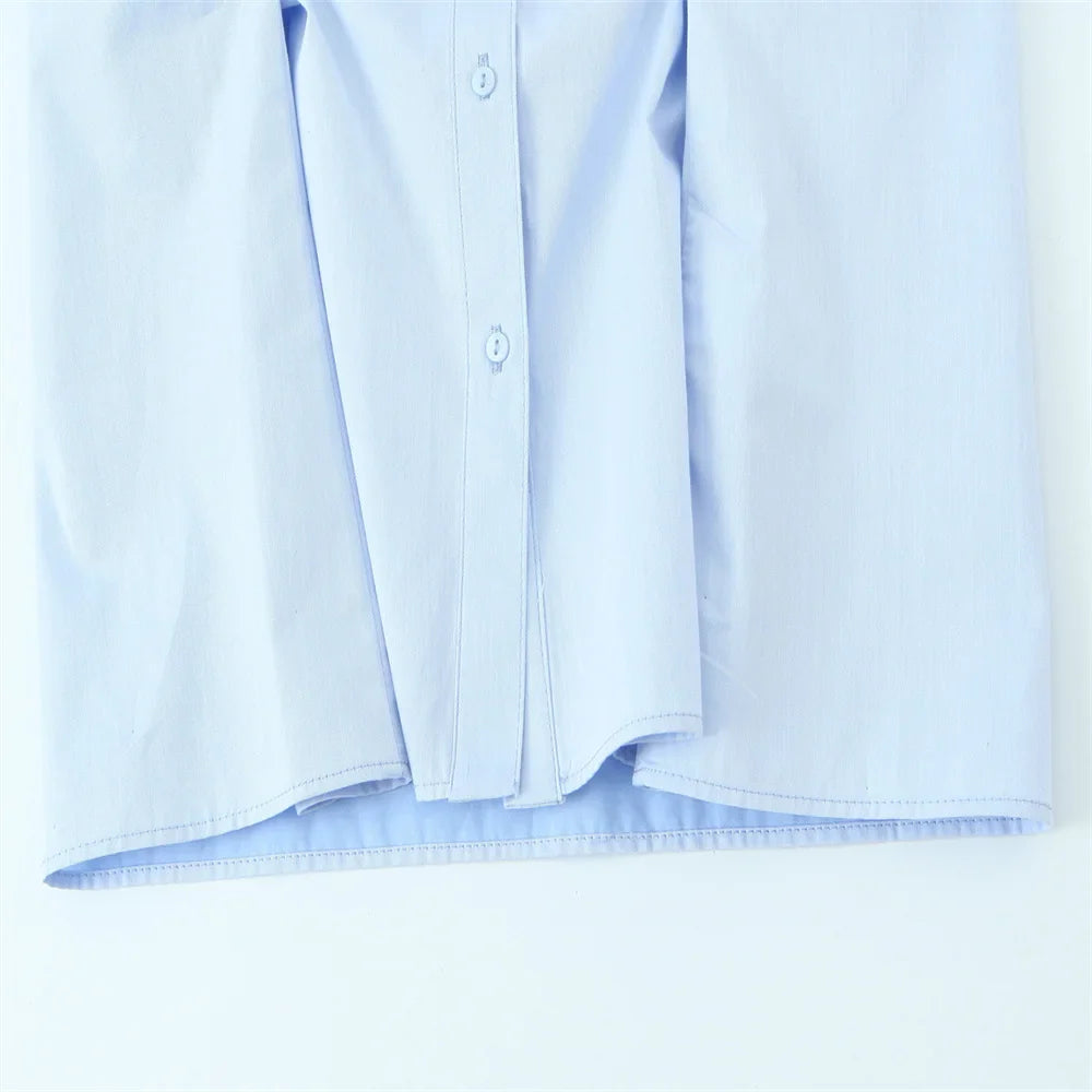Women's Light Blue Long Sleeve Button Down Shirt with Pleated Waist and Classic Collar for Office and Stylish Wear
