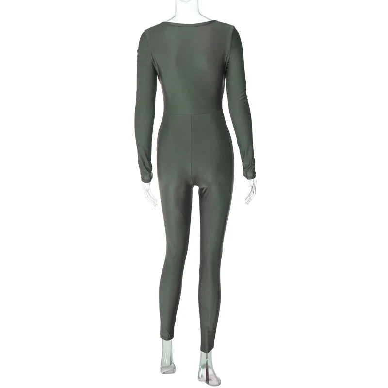 V Neck Long Sleeve Ruched Bodycon Skinny Jumpsuit Sexy Solid Color Party Romper Overalls Y2K Fashion Vacation Wear