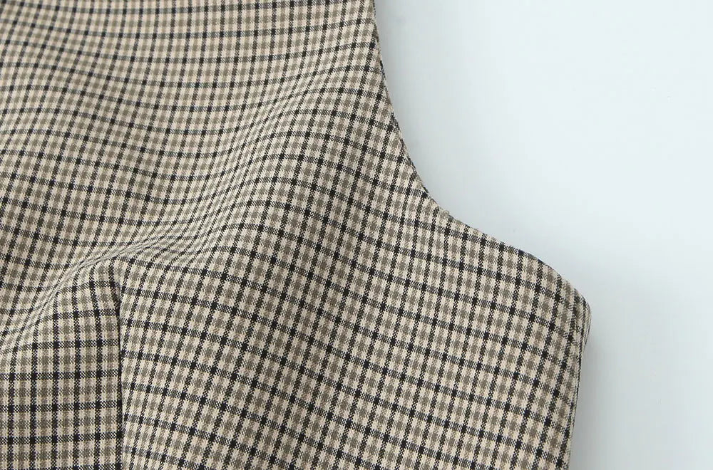 Women's Fashion Button-Up Check Waistcoat With High Waist Belted Straight Pants Two Piece Set