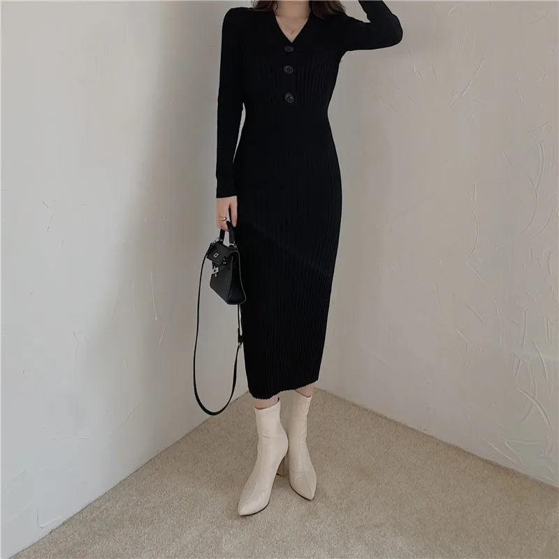 Knit Sweater Dress For Women V Neck Maxi With Buttons
