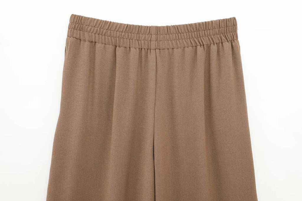 Women's Collared Roll-Up Sleeve Shirt and Drawstring Waist Wide Leg Pants Set