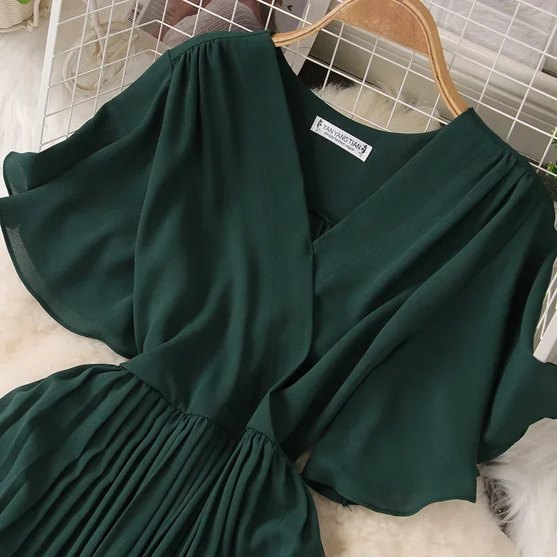 Chiffon Pleated Lace Up V Neck Dress For Women Summer