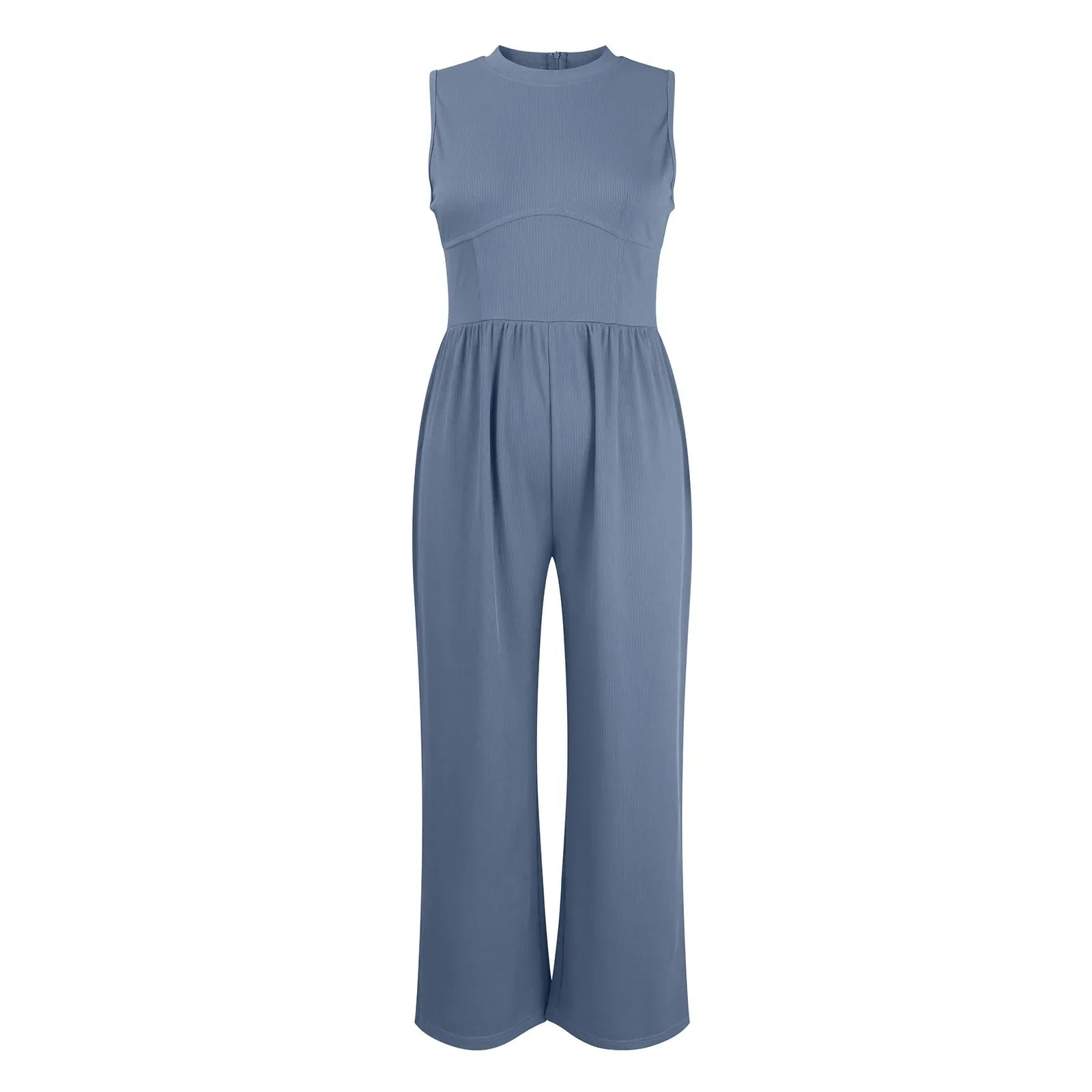 Women Sleeveless High Neck Ribbed Tank Top Jumpsuit Wide Leg Pants Romper with Tummy Control and High Waist Casual Summer Outfit