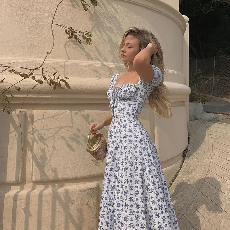 Backless Floral Dress Slim Fit Suspender With Slit Chic