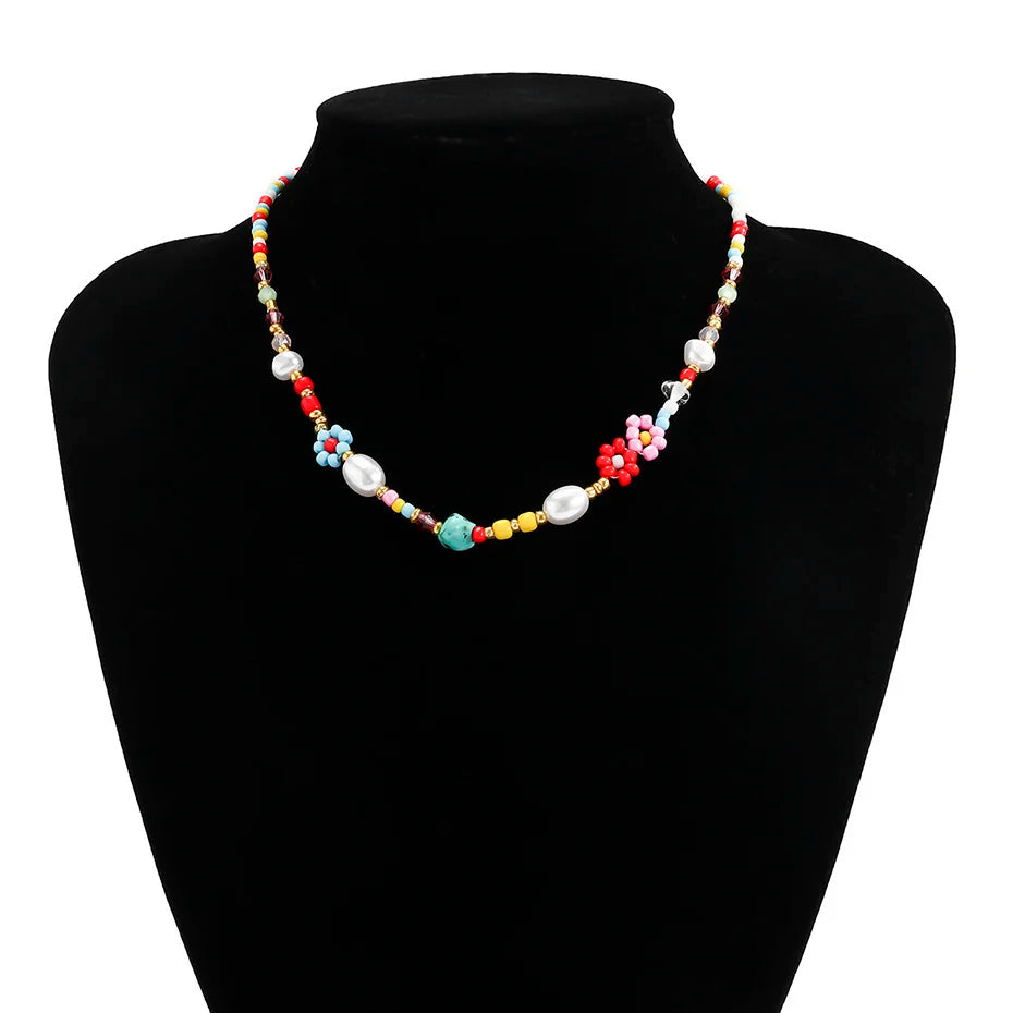 Baroque Simulated Pearl Colorful Flower Beaded Choker Necklace for Women and Girls