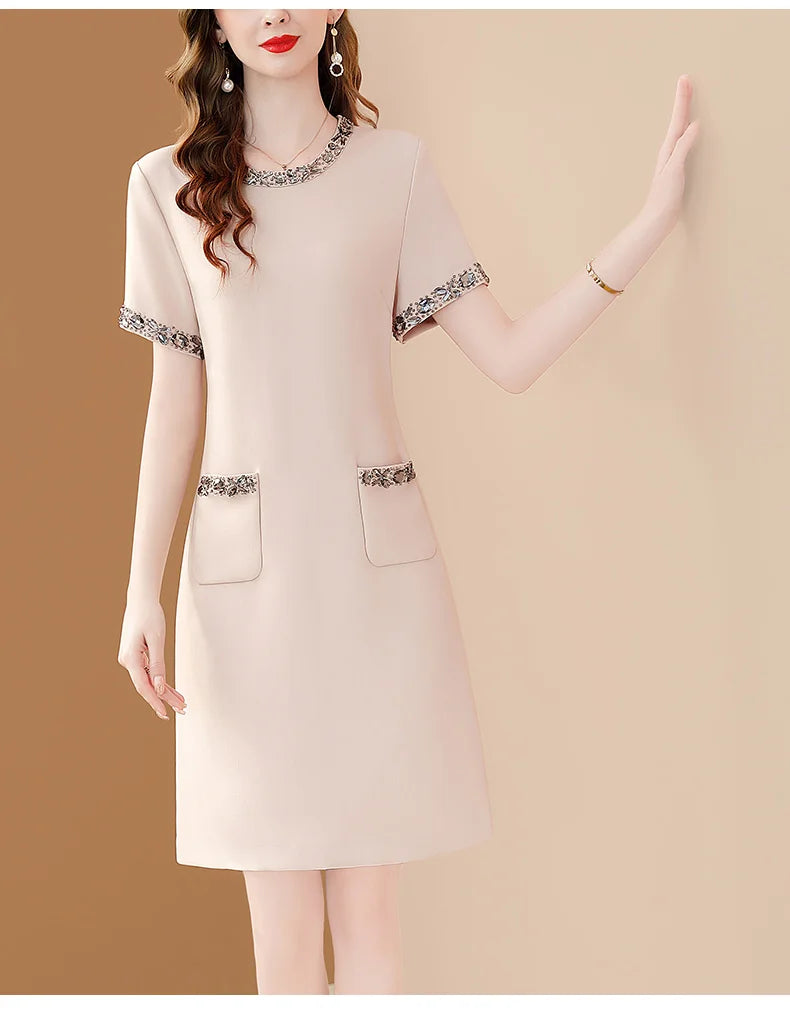Elegant O Neck Embroidered A Line Dress For Women Office