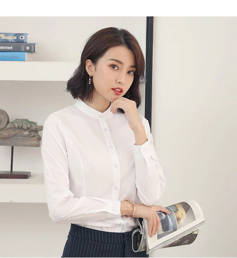 Women's Long Sleeve White Basic Shirt Blouse Stand Neck Tunic Button Up Office Work Top All Season