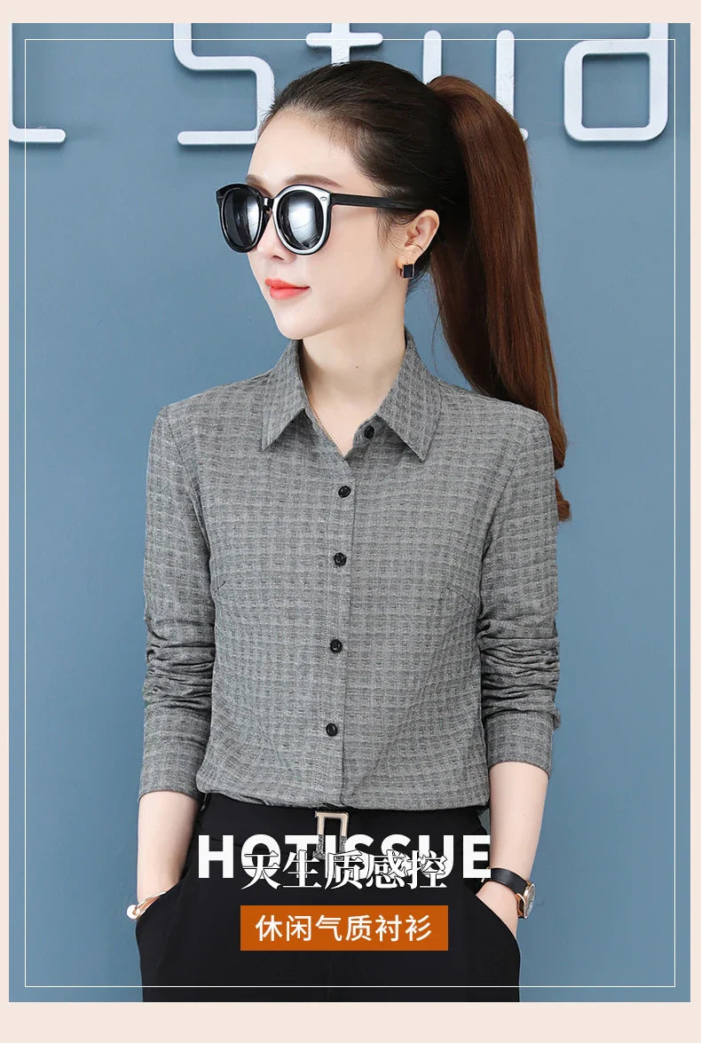 Women's Long Sleeve Slimming Cotton Shirt with Flip Collar Casual Versatile Top for Spring and Autumn Fashion