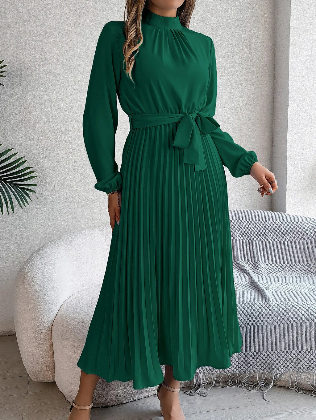 Elegant Pleated Lace Up Long Sleeve Maxi Dress For Spring