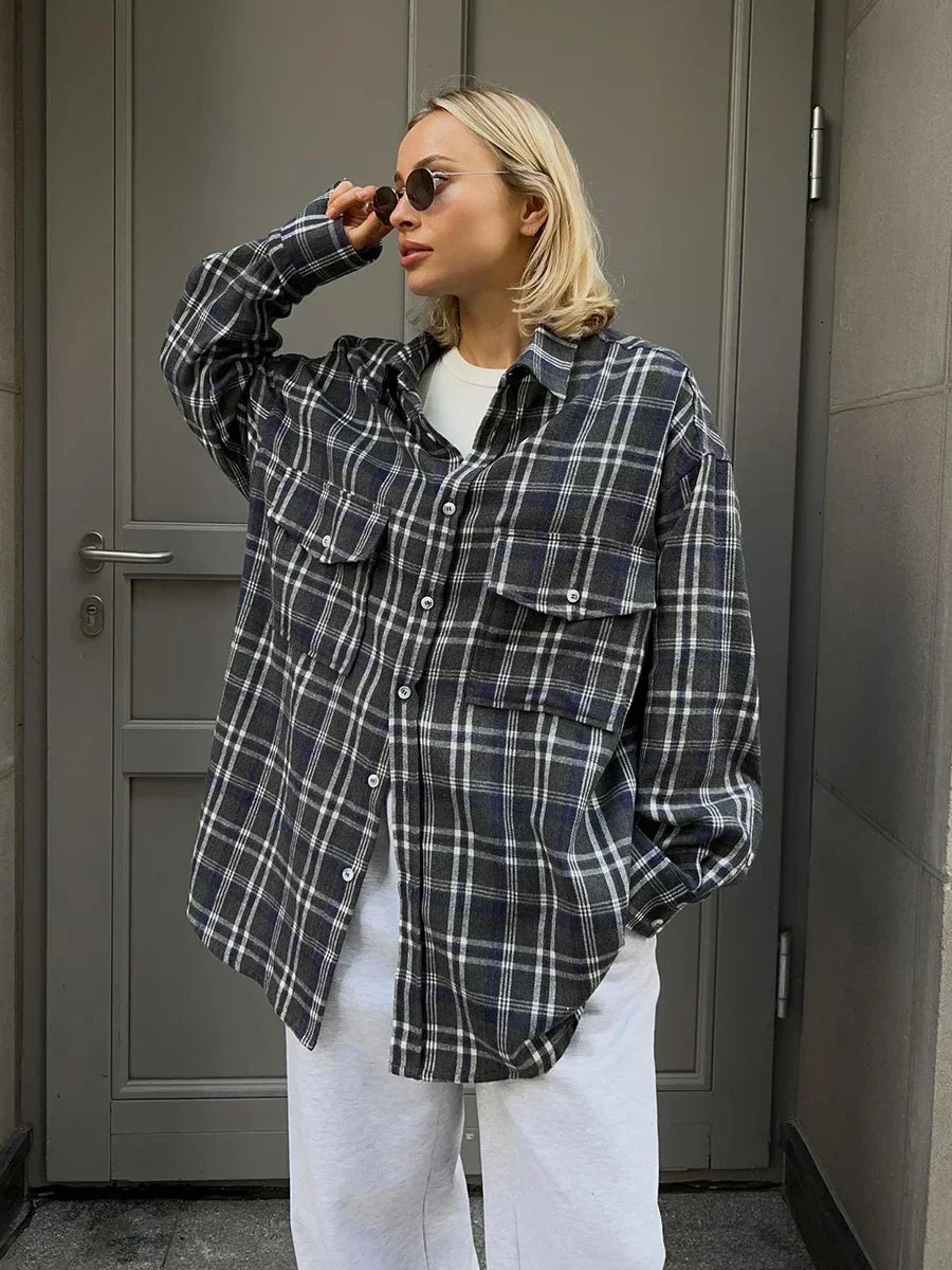 Vintage Loose Plaid Women's Shirt with Fashion Lapel Long Sleeve Office Blouse Top for Ladies