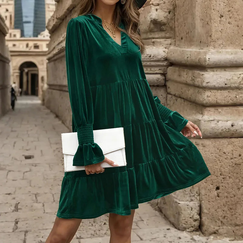 Velvet V Neck Ruffle Dress for Women Autumn Elegance