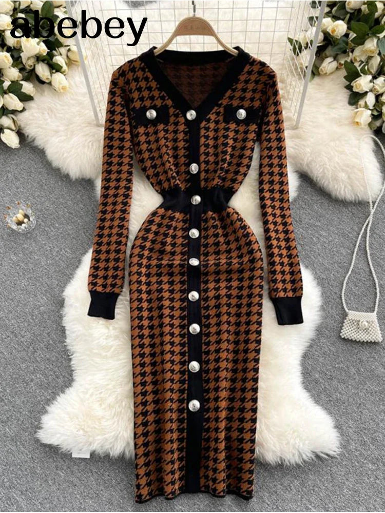 Knitted Bodycon Dress With Long Sleeve V Neck Elastic Fit