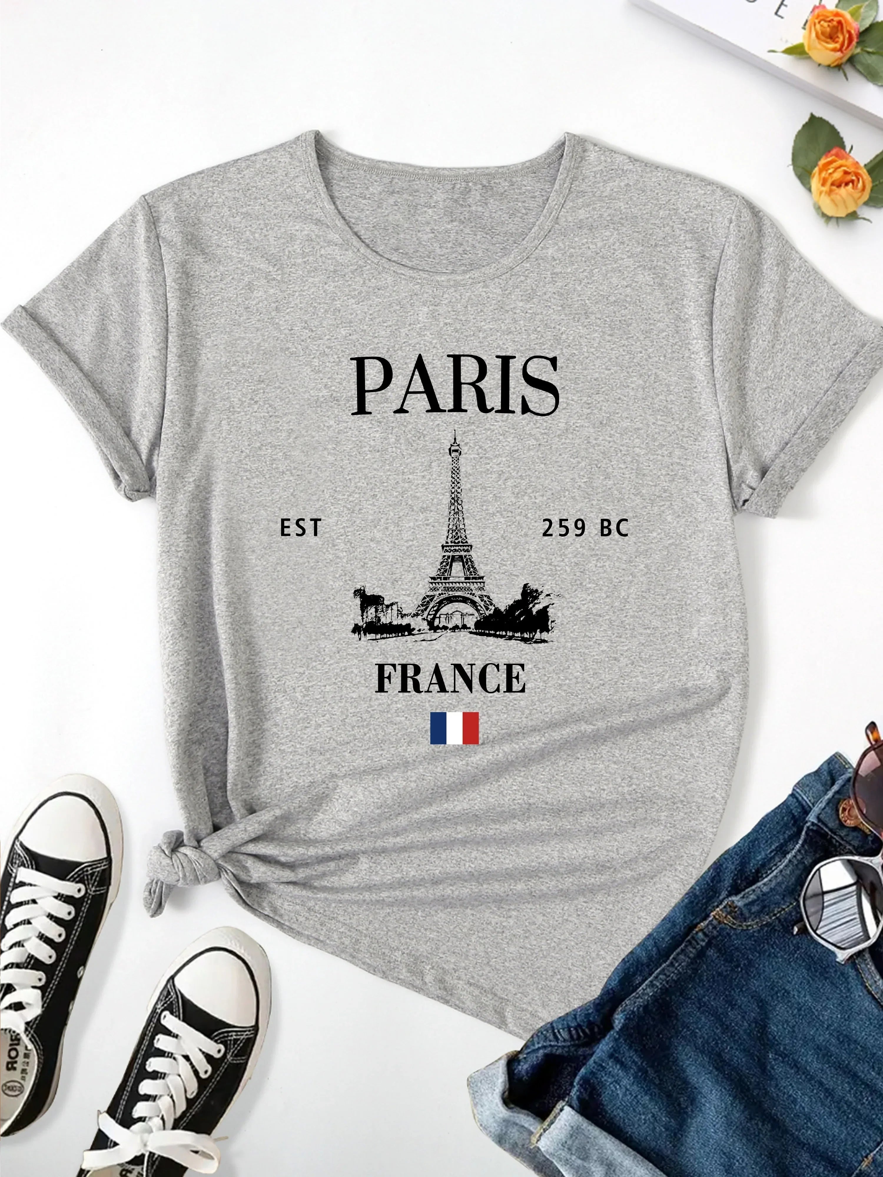 Paris Eiffel Tower Graphic T-Shirt Casual Crew Neck Short Sleeve Top for Women