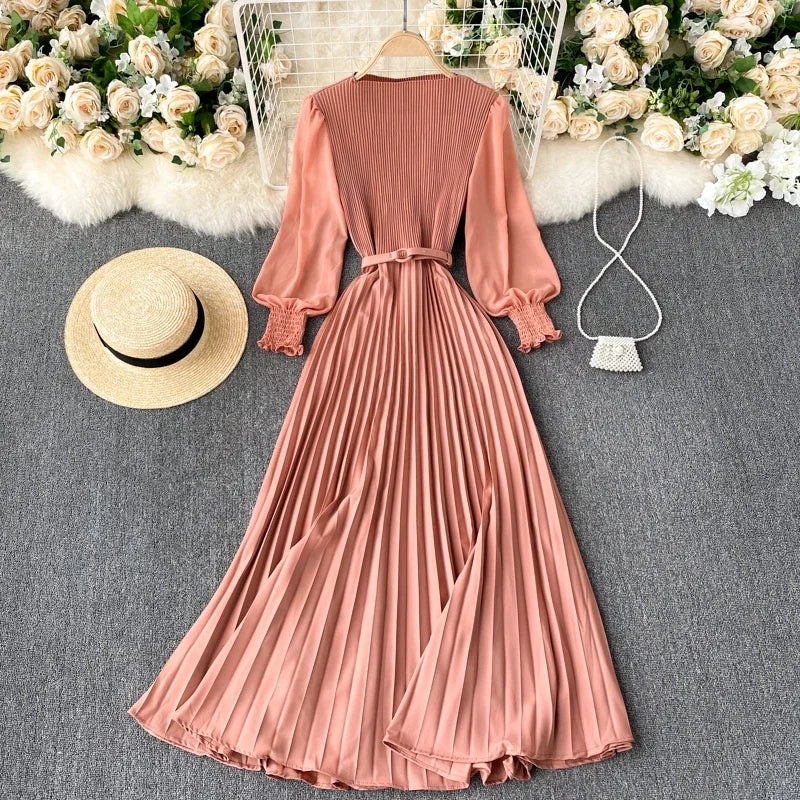 Elegant Long Sleeve Pleated Belted Dress for Women Spring