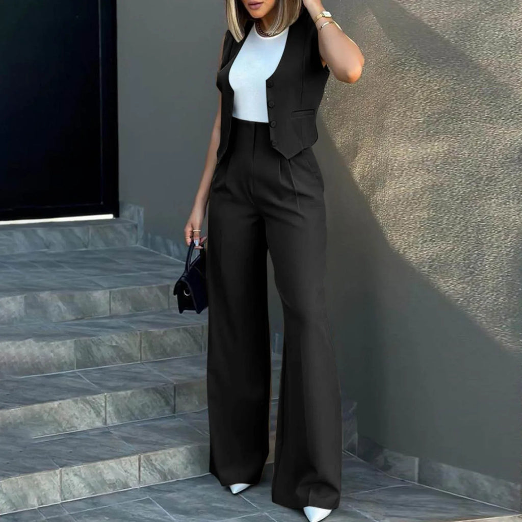 Sleeveless V-Neck Vest and Wide Leg Pants Suit for Women