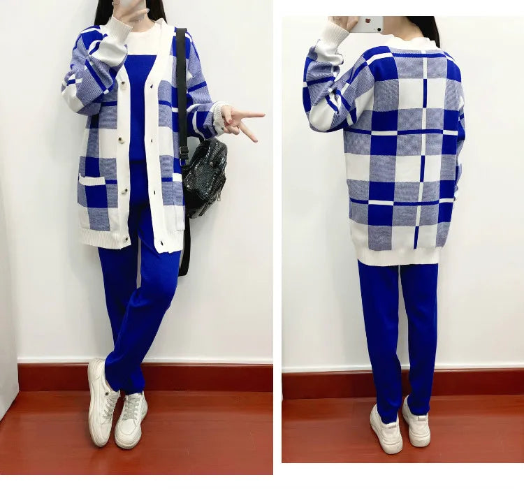 Autumn Winter Women's Plaid Knit Tracksuit Set with Cardigan Sweater Coat, Short Sleeved Top, and Solid Harem Pants