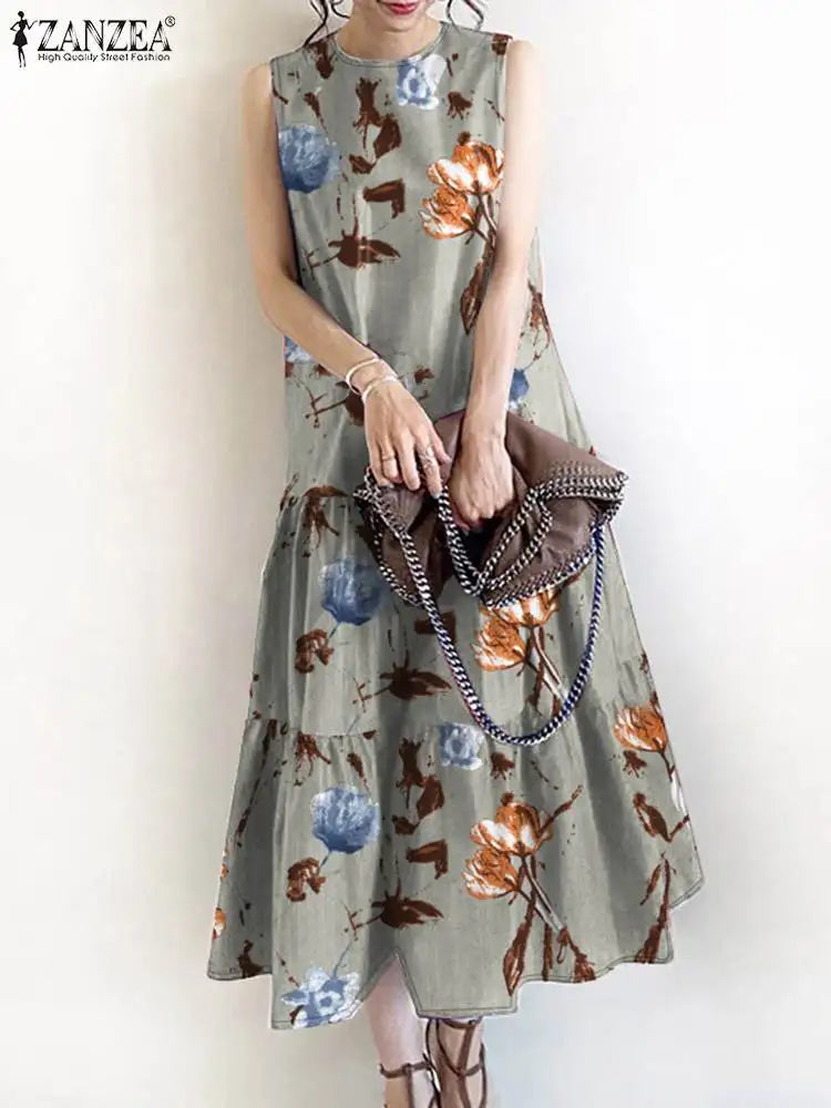 Bohemian Floral Sundress Women O Neck Sleeveless Midi