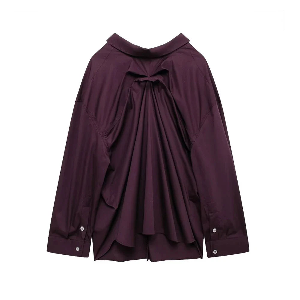Oversized Pleated Back Long Sleeve Button-Up Shirt for Women Chic Fashion Blouse Top