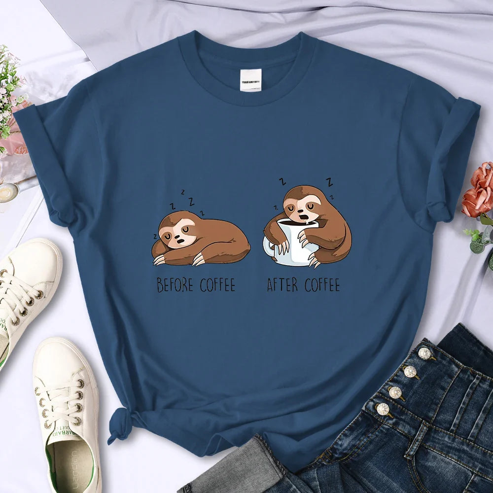 Before Coffee After Coffee Kawaii Sloth T Shirt for Women Casual Fashion Short Sleeve Breathable Tee