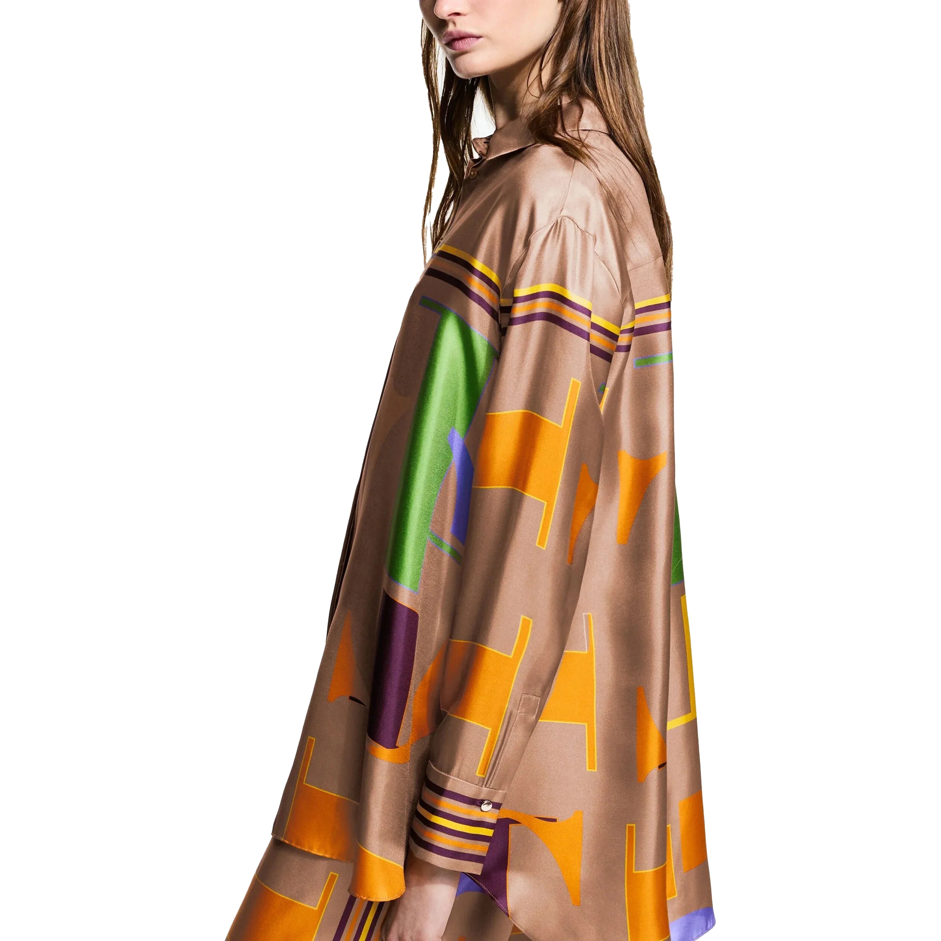 Loose Geometry Print Satin Two-Piece Set for Women with Wide Leg Trousers and Casual Tops