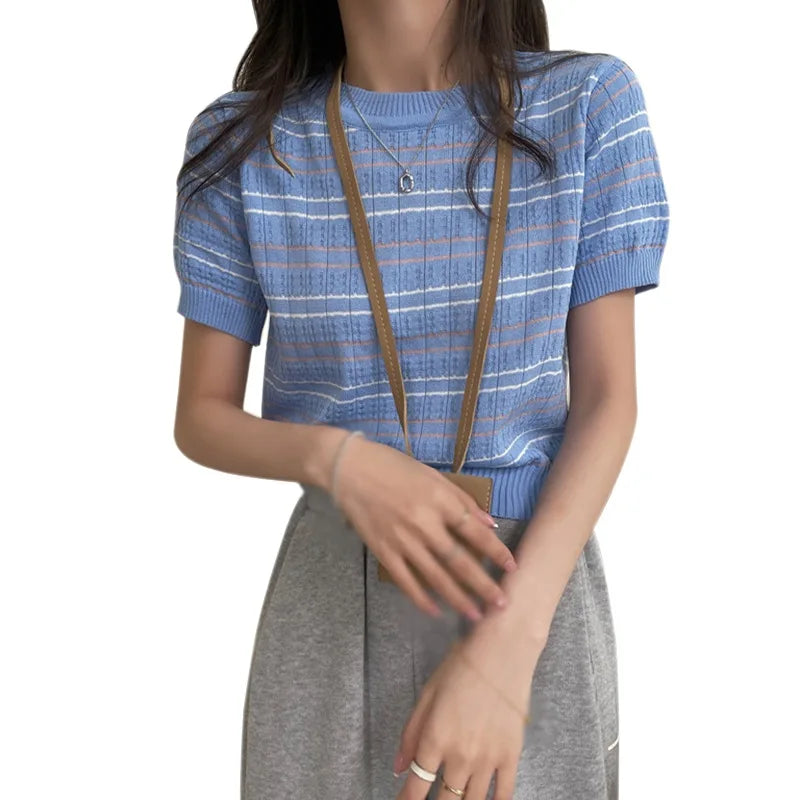 Summer Striped Women's Knitted Crop Top Casual O-Neck Short Sleeve T-Shirt Preppy Style Tees