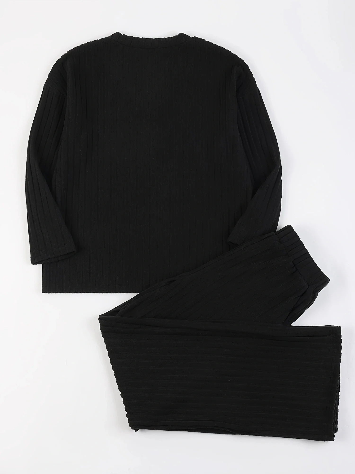 Autumn Winter Loose Casual V Neck Striped Knitted Two-Piece Set with Long Sleeve Top and Straight Tube Pants