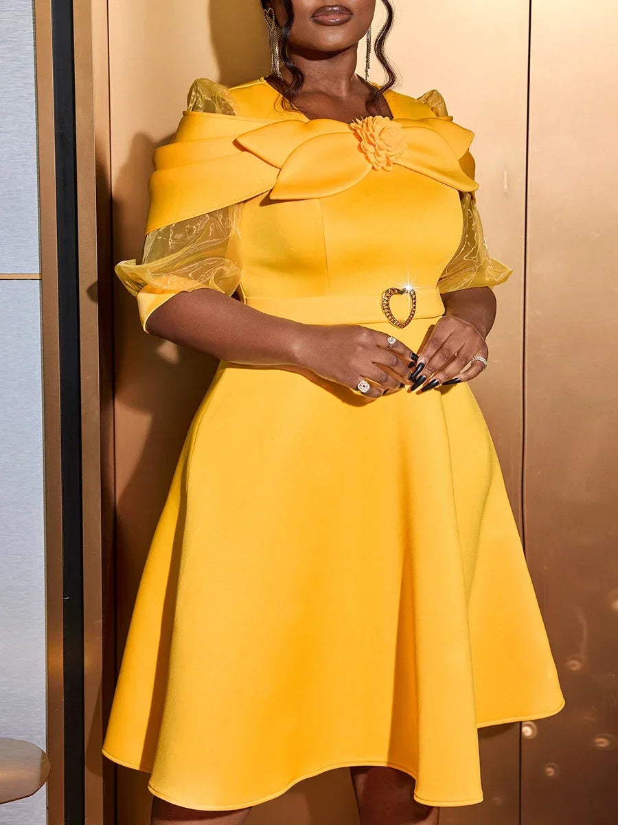 A Line Wedding Guest Dress With Tulle Sleeves 3D Flowers