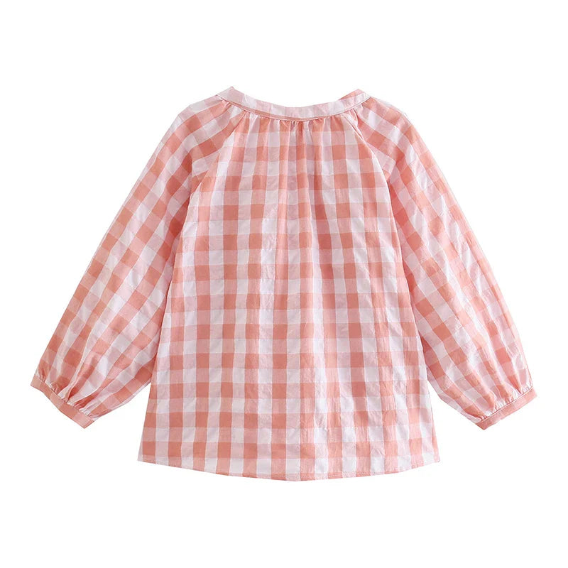 Women's Plaid Loose Fit Button Front O-Neck Blouse Casual Stylish Tops for Everyday Wear
