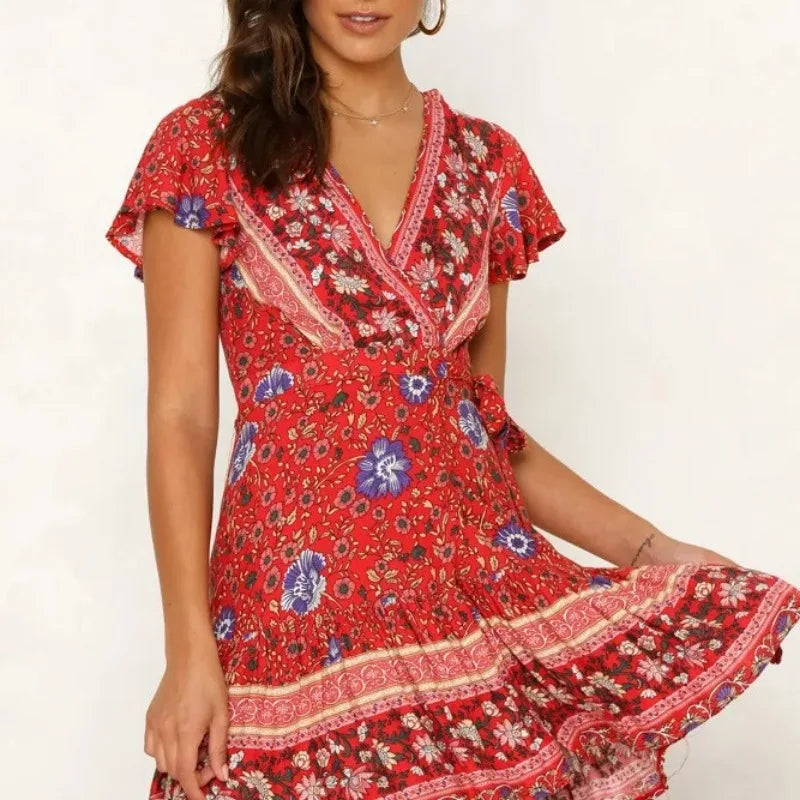 Bohemian Printed Dress With V Neck Lace Up Short Skirt