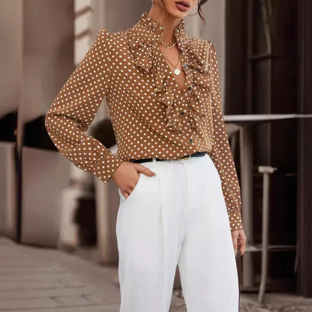Long Sleeve Polka Dot Button Shirt for Women with Ruffle Detail Elegant Office Blouse Casual Fashion Top