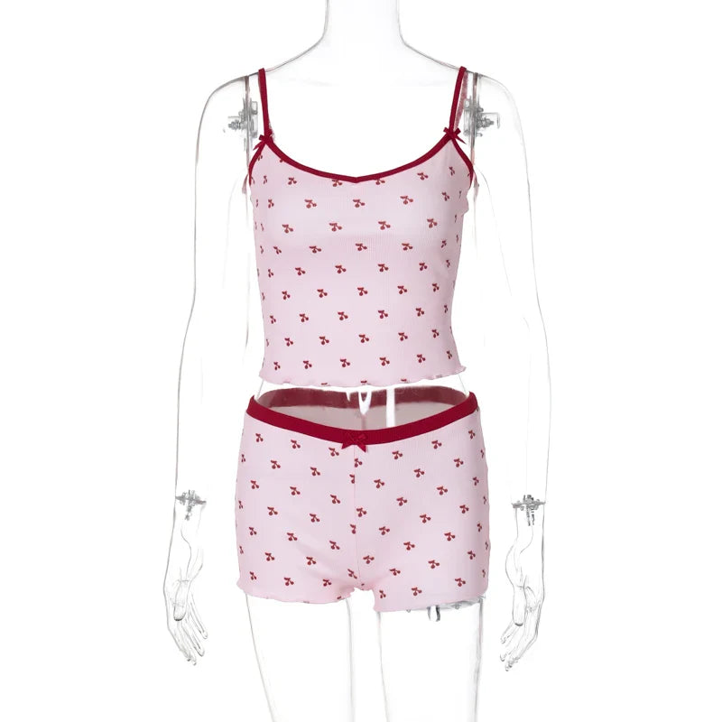 Cherry Print Two-Piece Matching Set with Slim Crop Camisole Top and Bow-Accent Shorts Summer Casual Festival and Workout Outfit for Women