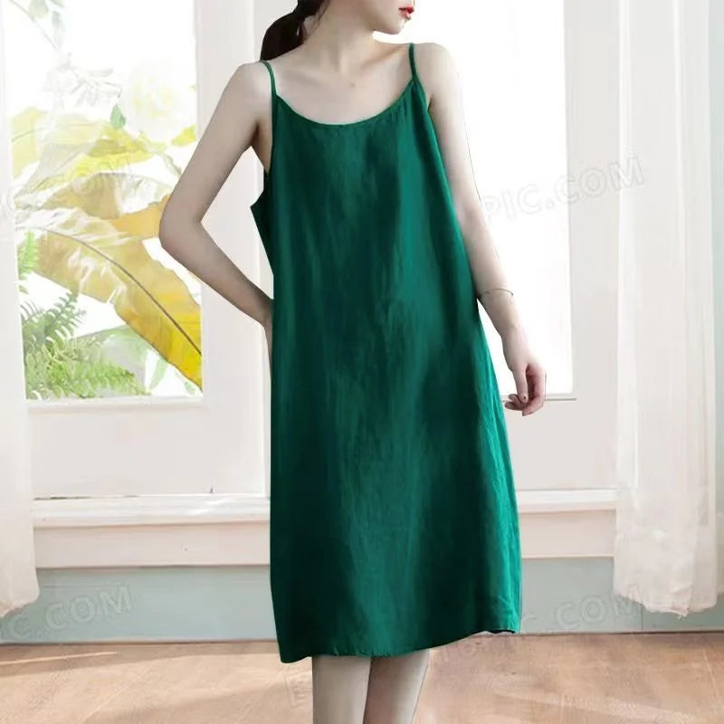 Cotton Linen Beach Dress Women Sleeveless A Line Summer