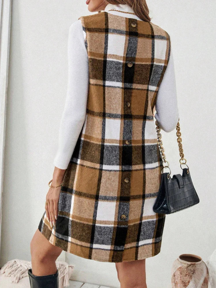 Autumn Plaid Sleeveless Dress For Women Mini Skirt Style