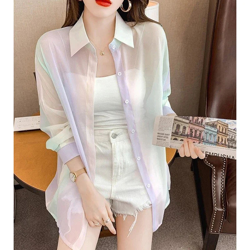 Irregular Gradient Rainbow Color Sheer Turn-Down Collar Long Sleeve Loose Fit Women's Casual Blouse Top