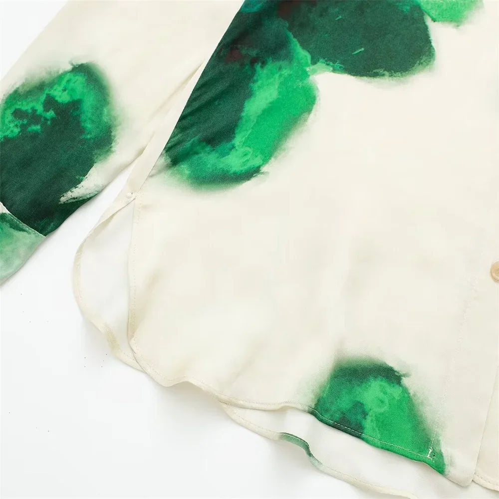 Autumn Women's Casual Loose Collar Long Sleeve Printed Shirt and High Waist Wide Leg Pants Set