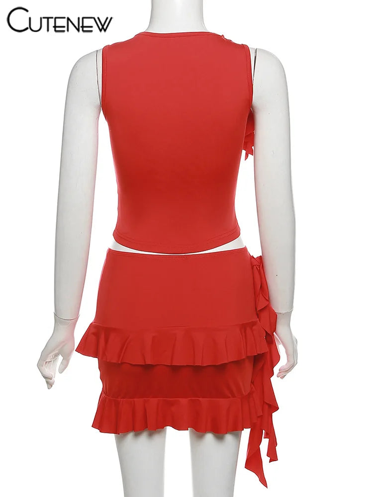 Women's Halter Lace-Up Two-Piece Set with Spaghetti Strap Camisole and Slim Fit Mini Skirt Stylish Streetwear Dress Suit