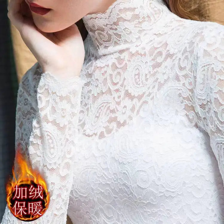Winter High Neck Long Sleeve Fleece Lace Women T-Shirt Elegant Trendy Top