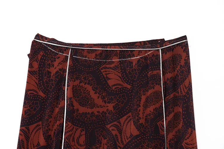 Women's Spring Printed Midi Skirt Two-Piece Set with Casual Folded Silk Texture Shirt and High Waist Skirt