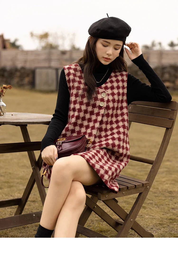Plaid Vest Dress Aline Woolen Sleeveless Vneck Chic