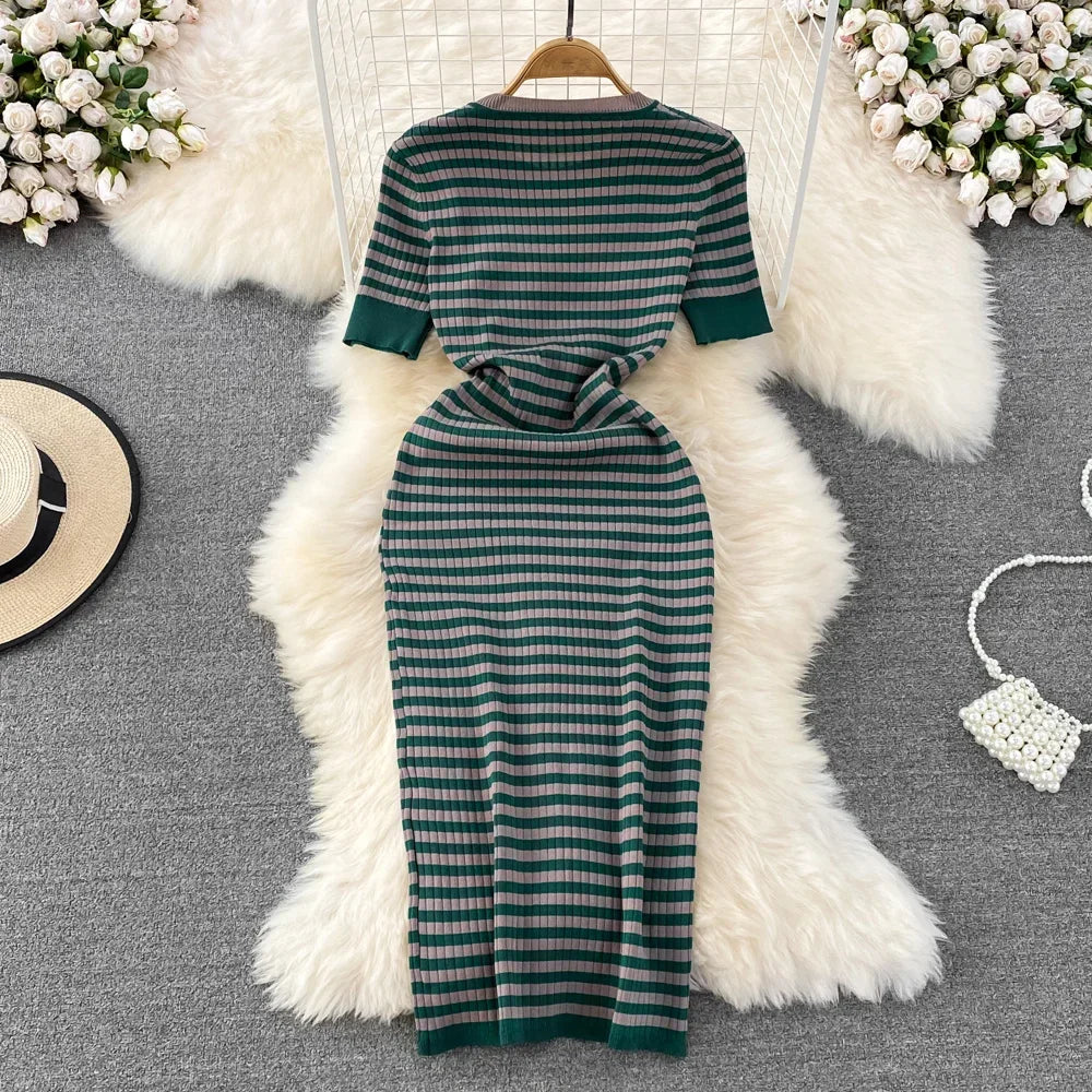 Retro Striped Maxi Dress For Women O Neck Ruched Casual