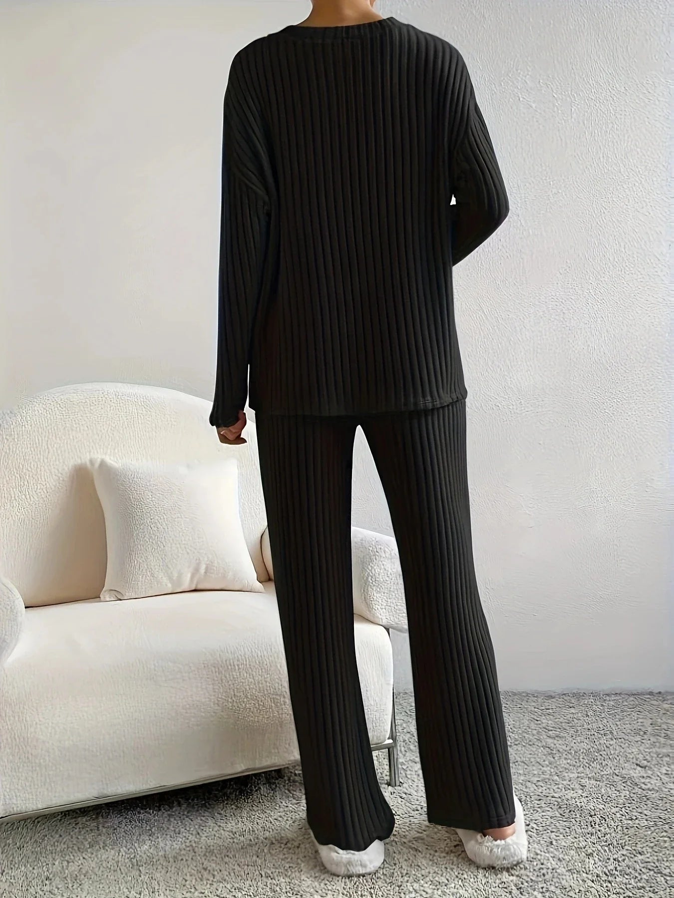 Autumn Winter Loose Casual V Neck Striped Knitted Two-Piece Set with Long Sleeve Top and Straight Tube Pants