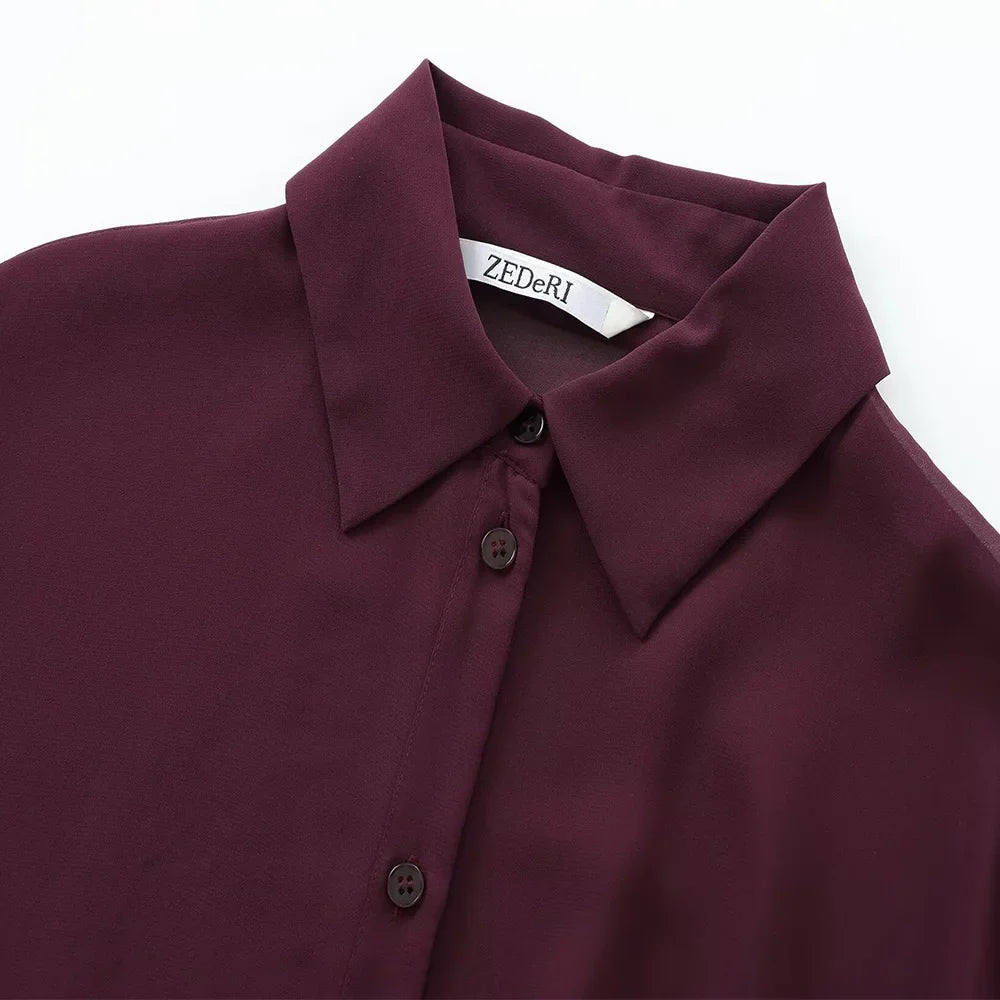Women's Wine Red Polo Collar Chiffon Shirt Long Sleeve Single Breasted Bow Lace Up Loose Blouse