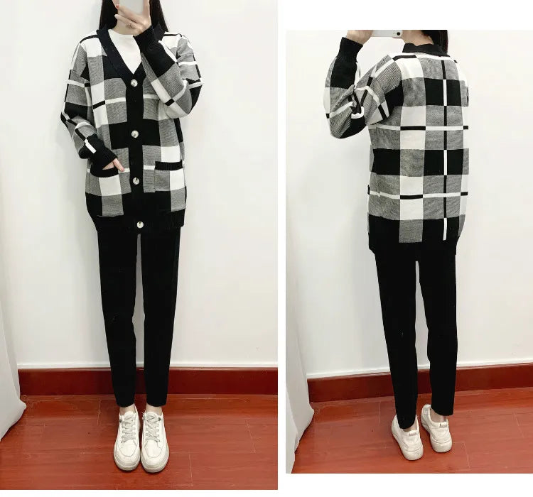 Autumn Winter Women's Plaid Knit Cardigan Tracksuit Set with Short Sleeve Top and Solid Harem Pants 3 Piece Cozy Sweater Coat Ensemble
