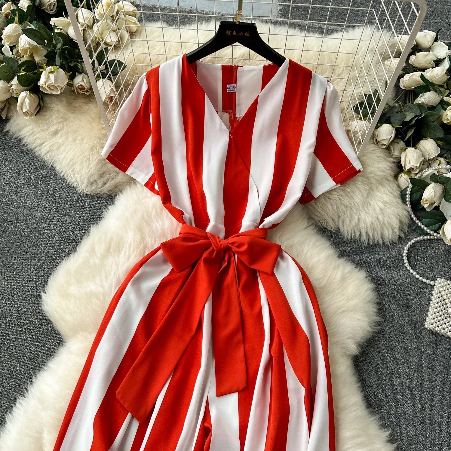 Sleeveless V Neck Stripe Jumpsuit for Women with Lace Up Bow Detail Summer Long Romper High Street Korean Inspired Style